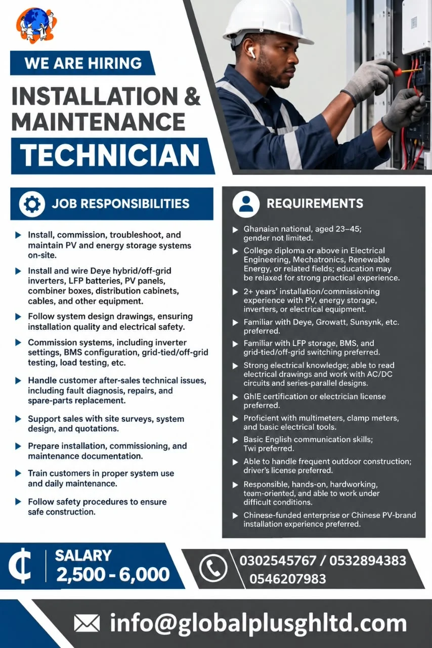 We are hiring Installation and maintenance technicians